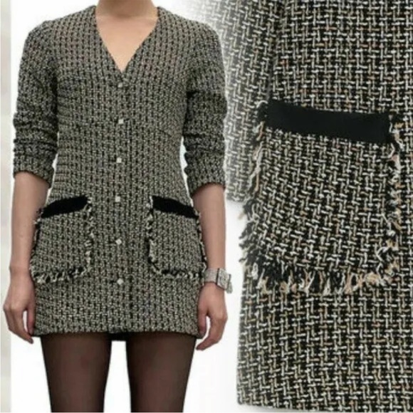 NWT ZARA TEXTURED DRESS WITH JEWEL BUTTON BLACK / ECRU 2120/240 - Picture 2 of 13